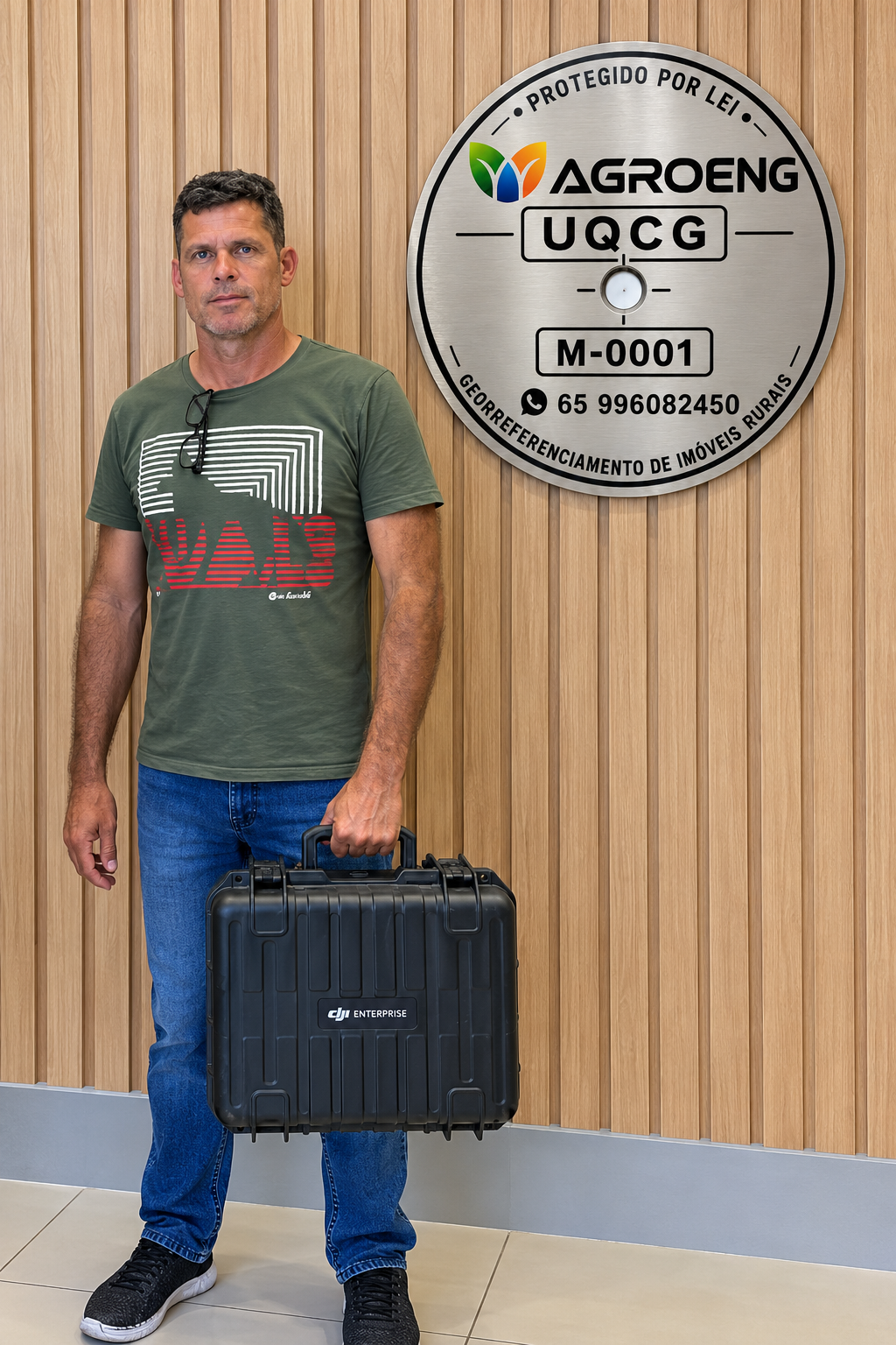 Profissional da AGROENG com maleta de equipamento DJI